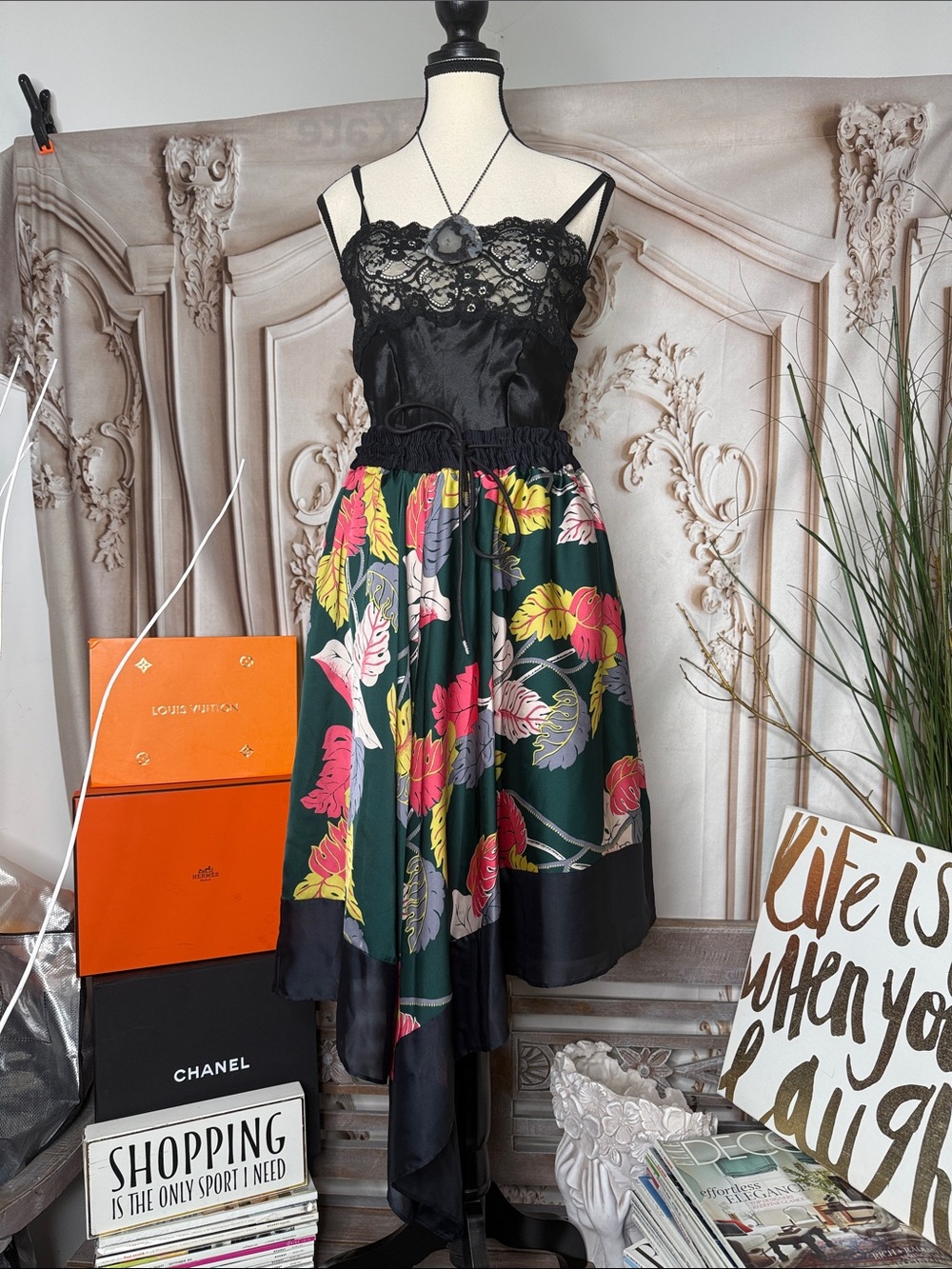 Sacai Black Lace Bodice Floral Midi Skirt